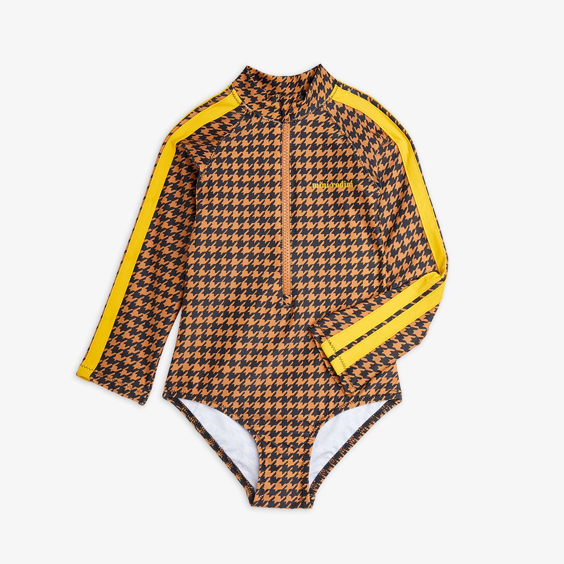 Mini Rodini Recycled Polyester Houndstooth Long Sleeve UV Swimsuit Brown
